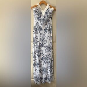 Sleeveless White Midi Dress with Navy Floral Print